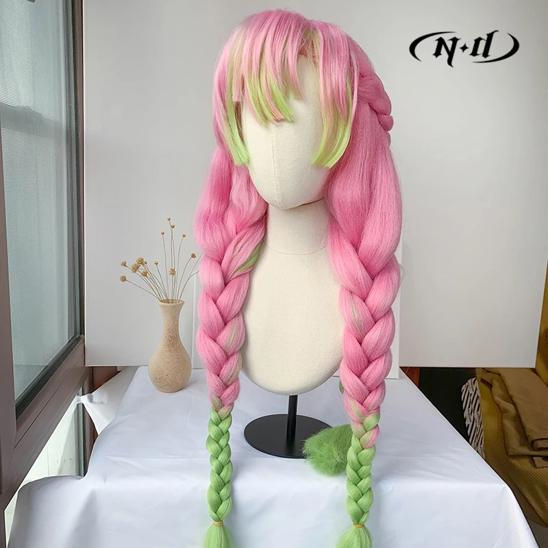 ND Mitsuri Kanroji 코스프레 가발 헤어피스 Kimetsu no Yaiba 애니메이션 코스프레 헤어 가발 Comic Con Coser 용 내열성 합성