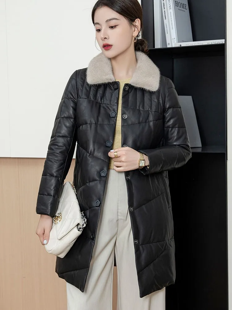 Piumino da donna in vera pelle invernale caldo collo in pelliccia di visone slim fit monopetto moda giacca di pelle di pecora medio lunga femminile