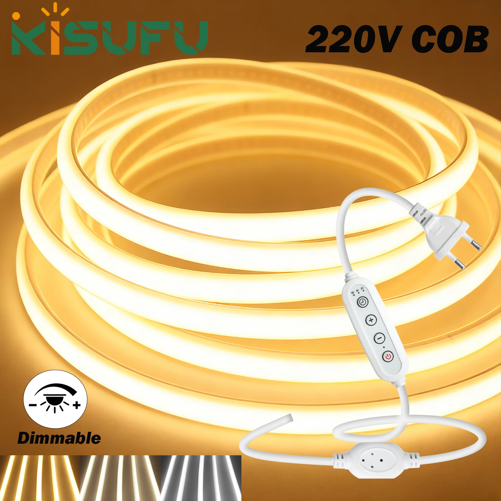 

220V COB LED Neon Strip Dimmable Switch Kit Super Bright 288LEDs/m Waterproof Flexible Ribbon Tape Kitchen Home Lighting 1M-40M