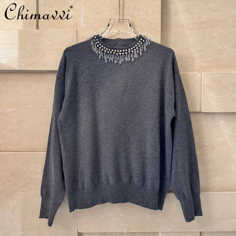 Autumn and Winter New Heavy Beaded Fringed Round Neck Pullover Knitted Sweater Fashion Design Loose Long Sleeve Sweater Women