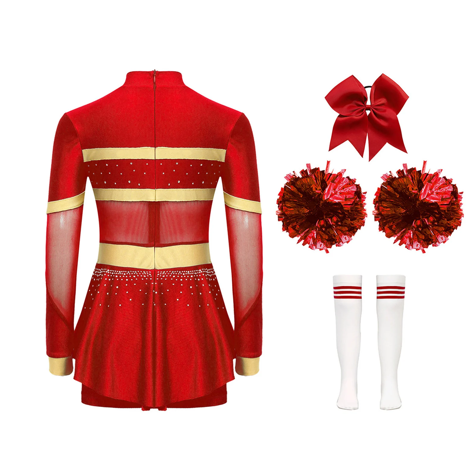 Girls Cheer Leader Costume Halloween Cheerleading Uniform Dress with Pom Poms Stocks Hair Tie Set Cheerleading Cosplay Outfits