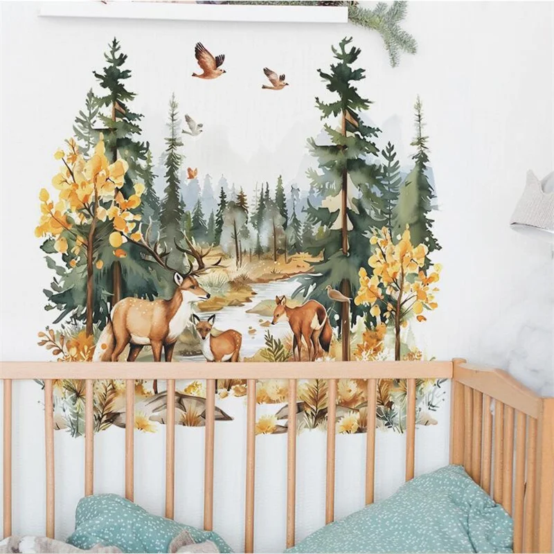 Cartoon Deer Forest Wall Sticker Kids Room Bedroom Background Decor Wallpaper Living Room Home Decoration Self-adhesive Decals