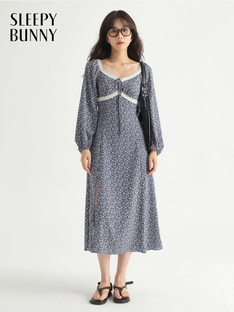 

Women Lace Trim Sweetheart Neck Floral Dress Lady Elegant High Waist Long Dress Vintage Slim Fit Spring Casual Daily Maxi Dress