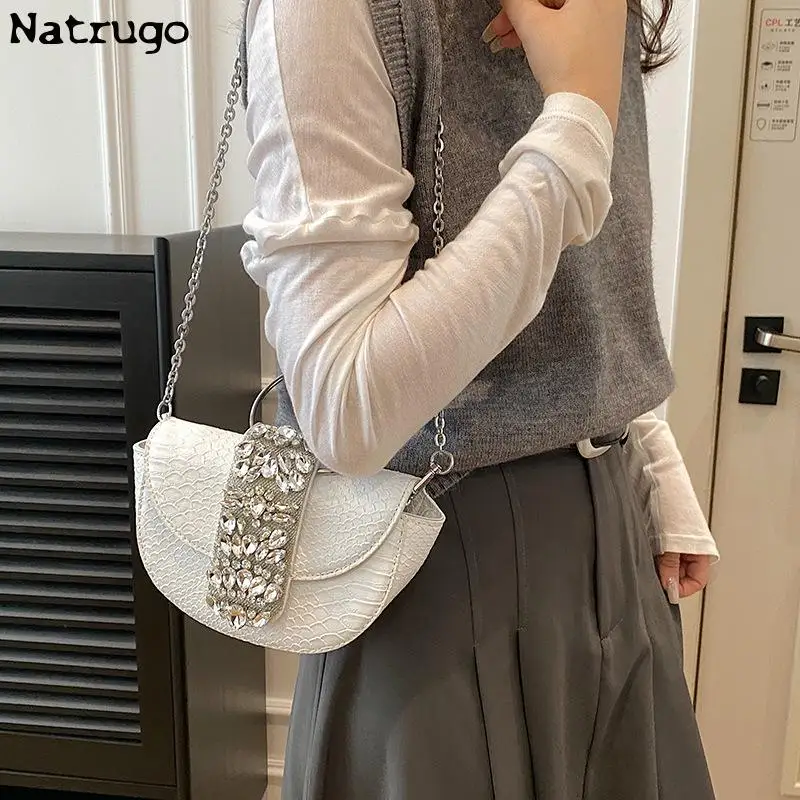 Diamond Half Round Evening Bag Women 2023 New Round Handle Rhinestone Dinner Clutch Purse Ladies Hand Bag Crossbody Bag