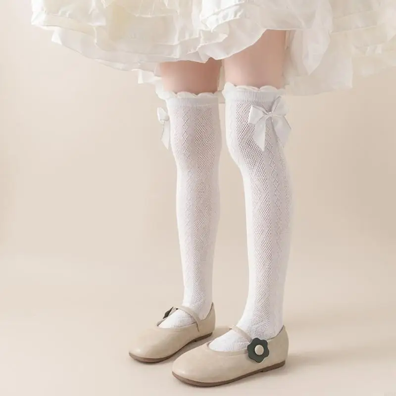 

R66D Mesh Over the Knee Socks for Little Girl Dancing Socks Breathable Socks for School Kids Ruffle Trim Dress Socks