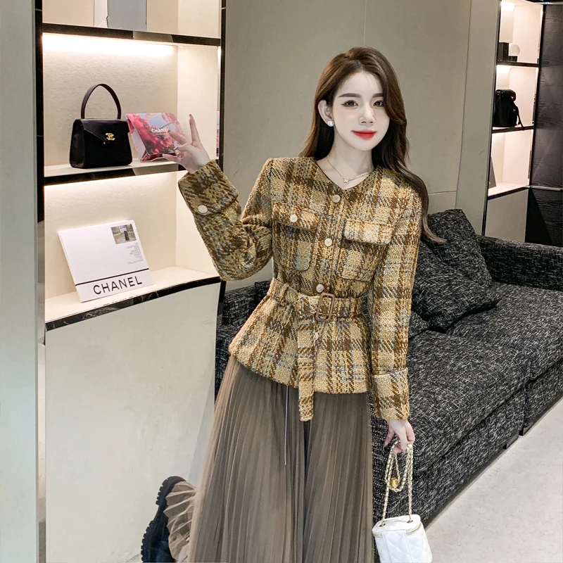 Fall Winter New Skirt Suit Women High Quality Elegant Plaid Tweed Jacket Coat+Mid Mesh Skirt Casual Evening Party Two Piece Set