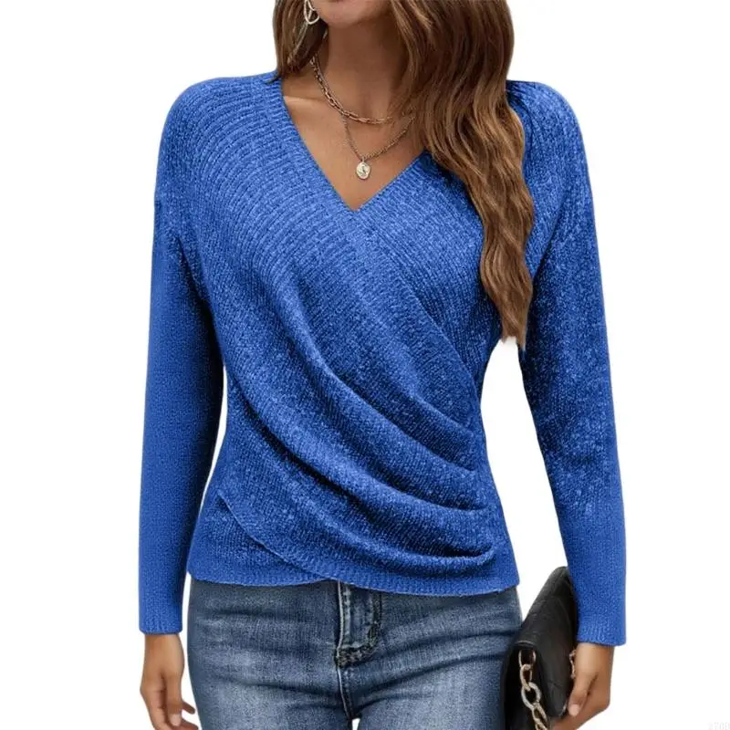 

Women's V Neck Long Sleeve Off Shoulder Sweaters Criss Wrap Ruched Pullover Fall Tops
