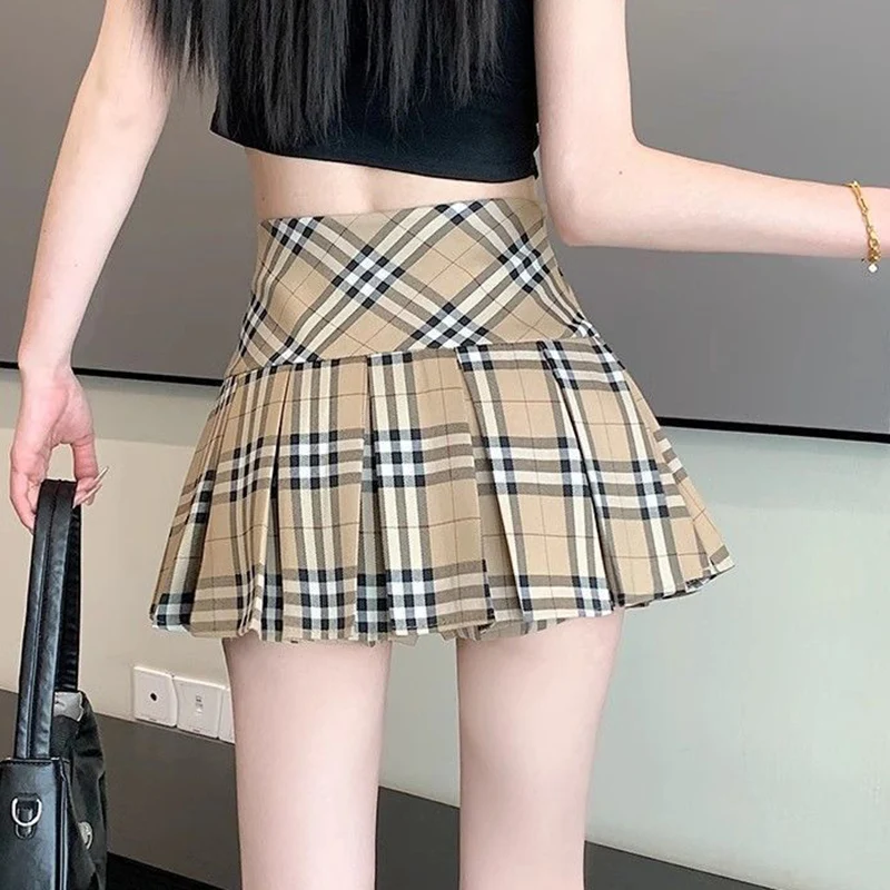 Summer Chic Korean Lady Thin Wrap Hip Skirts Female Retro High Waist A-line Skirts Women Fashion Plaid Designer Skirts