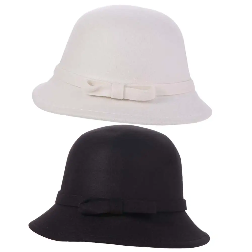 Fashion French Style Bow Tweed Hat Solid Color Autumn Winter Women's Bow Hat Bucket Cap Elegant Felt Bowler Hat Lady