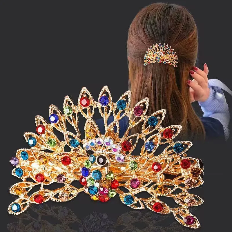 مشبك شعر بتصميم طاووس للنساء ، دبوس شعر عتيق ، ديكور بحجر الراين ، غطاء رأس أنيق ، مشبك شعر ، 1 فضفاض