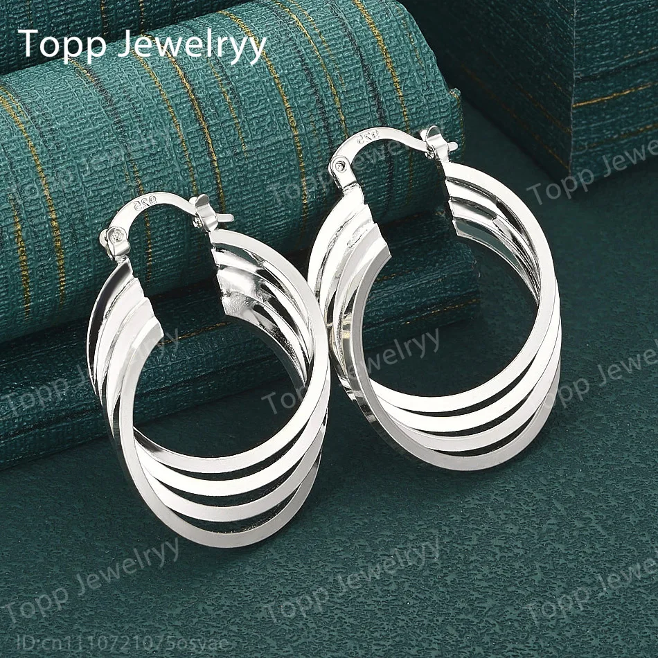 Luxurious 925 Sterling Silver 35mm Exquisite Multi-Layered Round Earrings Fashion Women Wedding Gift Jewelry