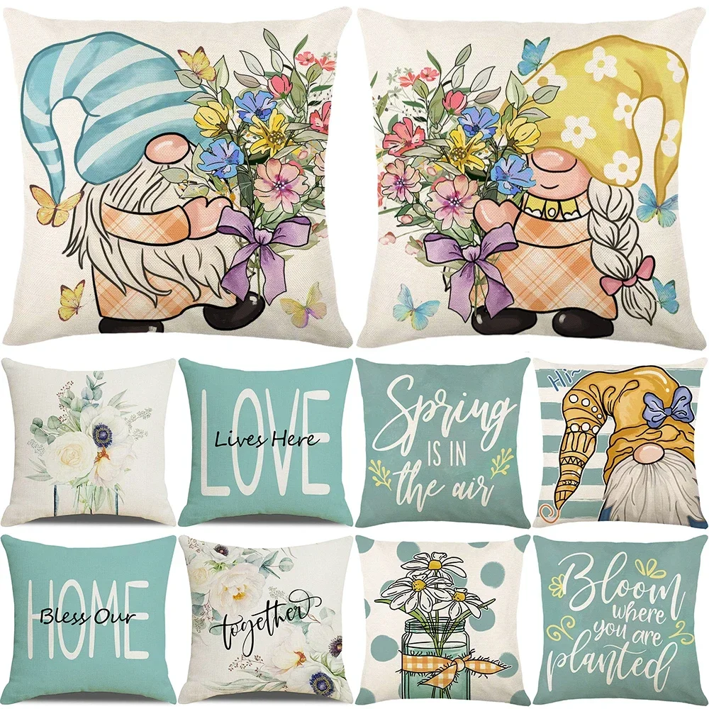 Flowers Pillowcases 45x45cm Square  Throw Pillow Case Spring Farmhouse Home Decor Cushion Cover Blue Letters Pillow Cover