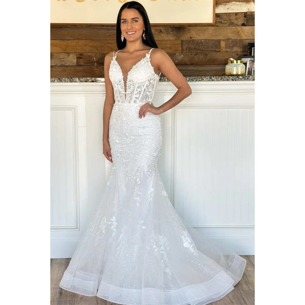 

Bella White Tulle Prom Dresses Lace Appliques Mermaid Wedding Dress Elegant Sleeveless Spaghetti Strap Vestidos De Fiesta 2024