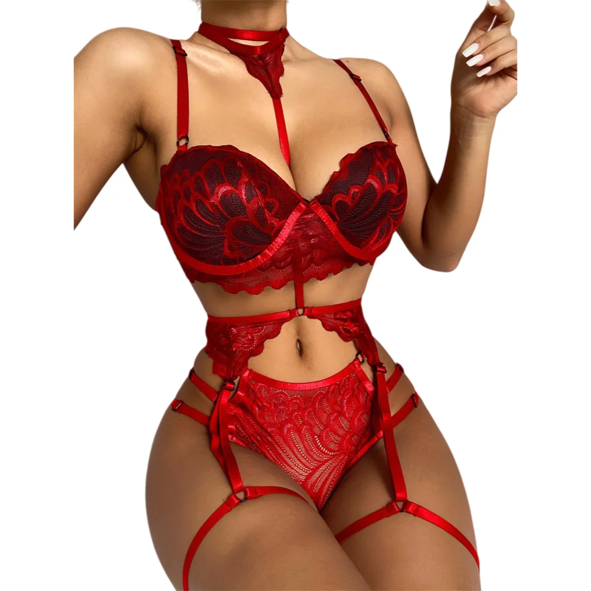 

Red Floral Lace Garter Belt Lingerie Set With Choker Women Intimates Bra And Thongs Sets Ladies Lace Underwear Set Pajamas Dress