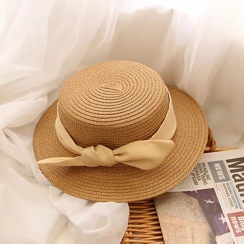 French Bow Kids Straw Sun Hats Kids Girls Summer Beach Hats 50-52-54cm Children Flat Visor Caps Sun Protection