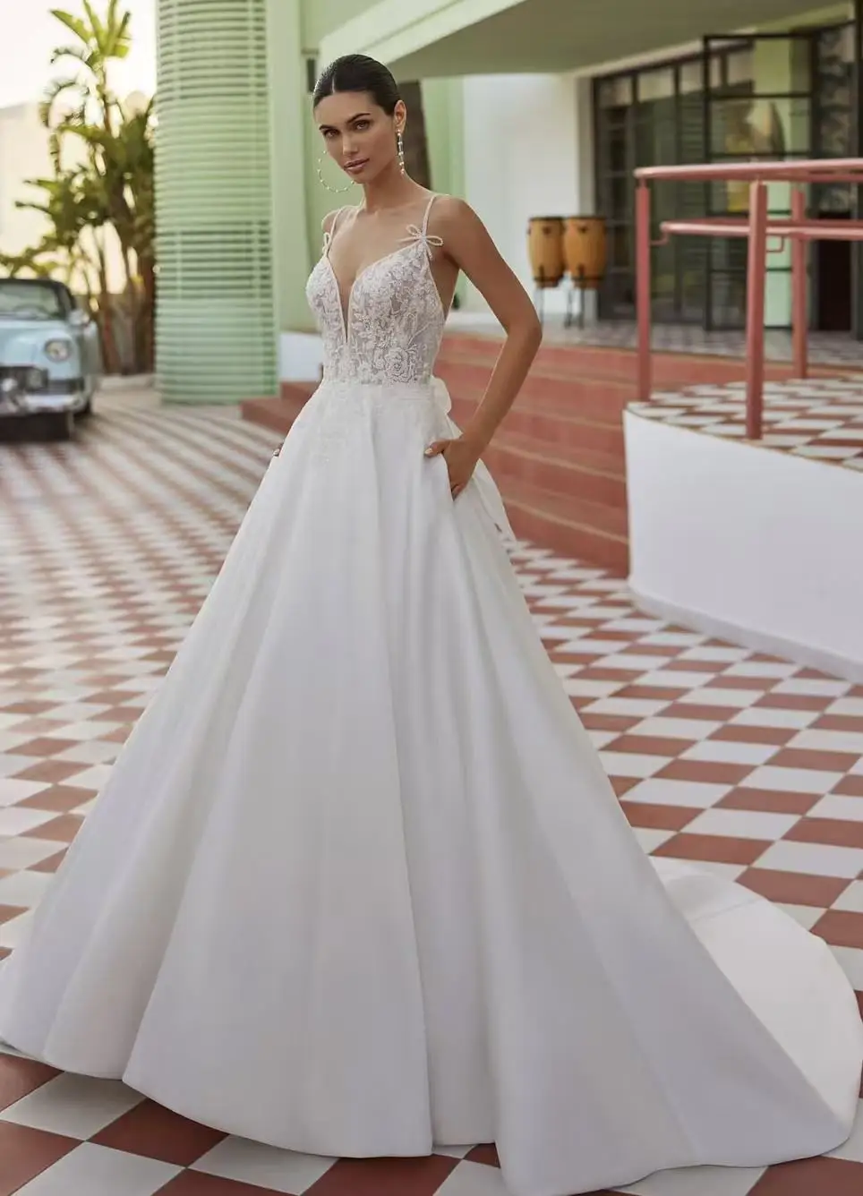 EEN LEVEN Aangepaste Elegante Sexy Boho V-hals Satijn Kant Trouwjurk met Zak voor Vrouwen Applicaties A-lijn Vestidos De Novia