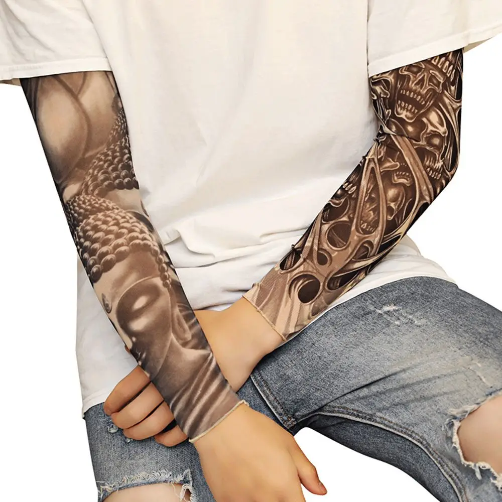 2Pcs Street Tattoo Arm Sleeves Sun UV Protection Arm Cover Seamless Outdoor Basketball Riding Sunscreen Sleeves For Men Women