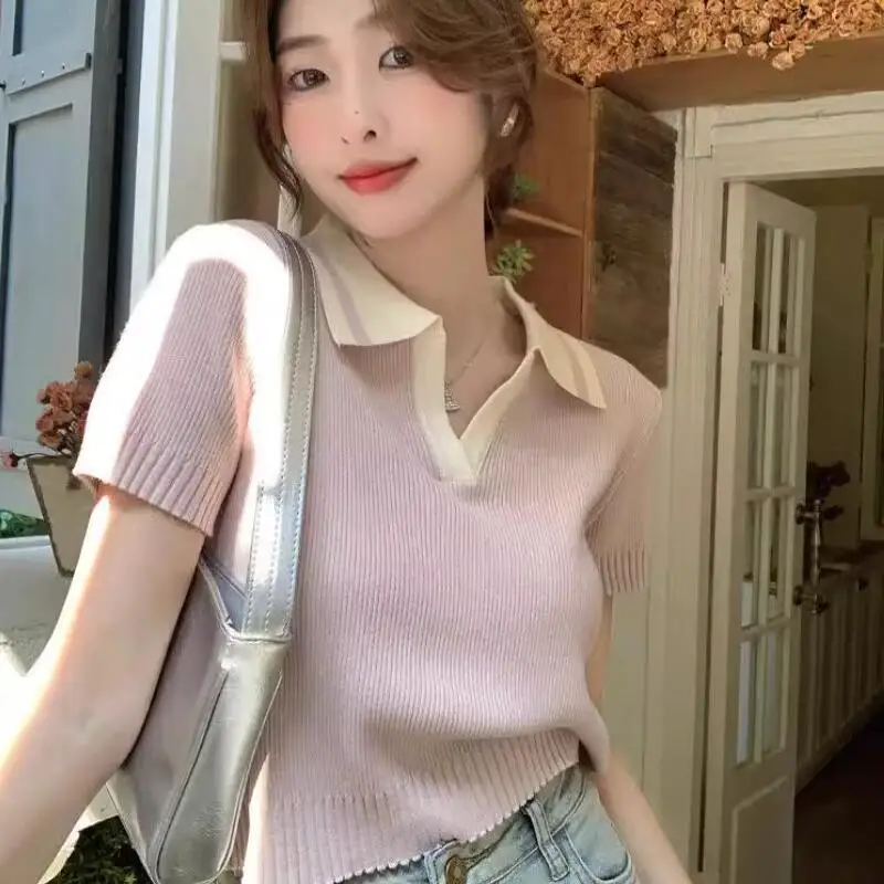 French Style Contrast Color Lapel Knitted Shirt Fashion Women's New Style Short-Sleeved T-Shirt Sweet Short Tops Versatile Cute