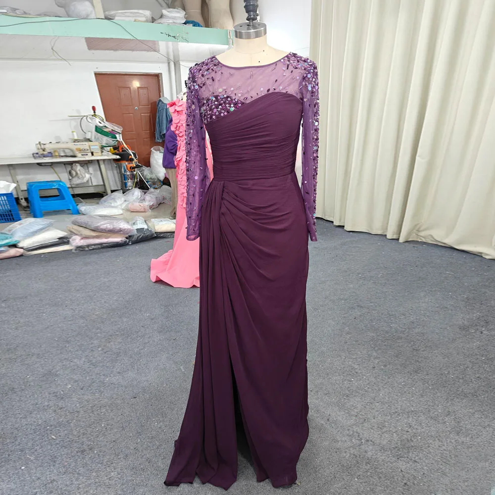 

Customized Bead Embrodiery Evening Dresses O Neck Tranparent Sleeve Wedding Party Gown Draped Chiffon Formal vestidos de noche