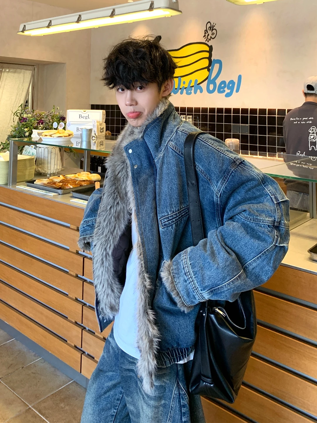 

Waed Denim Jaet Men's Thiened Winter Coat with Fur Collar ort Cotton Jaet Warm Casual Sle for Youth