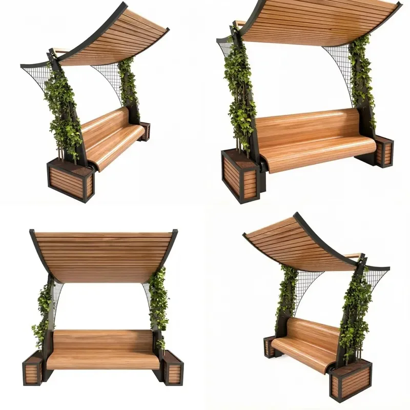 Robuste Gartenbank aus Aluminiumguss und Massivholz mit Überdachung, wetterfest für Parks und Hinterhöfe