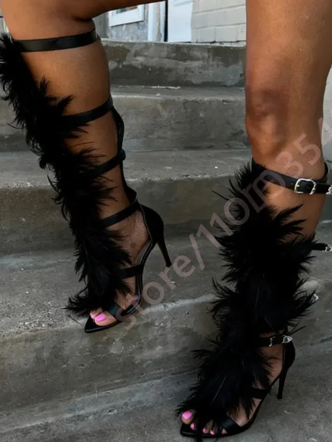 

Женские босоножки-ботфорты на шпильке с декором из перьев, цвета нюд, с ремешком на пряжке, новинка лета 2026, для вечеринок и торжественных мероприятий