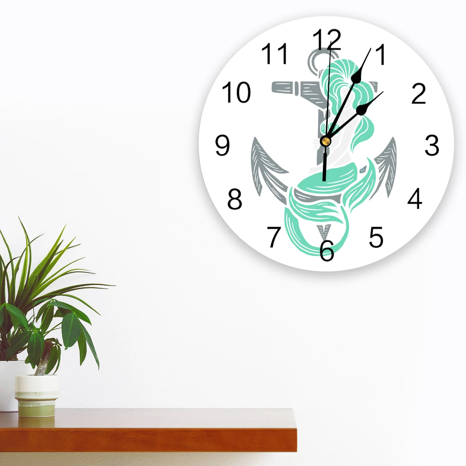 Anchor Mermaid Illustration Wall Clock Decorative for Living Room Kitchen Bedroom Home Office Silent Wall Clocks