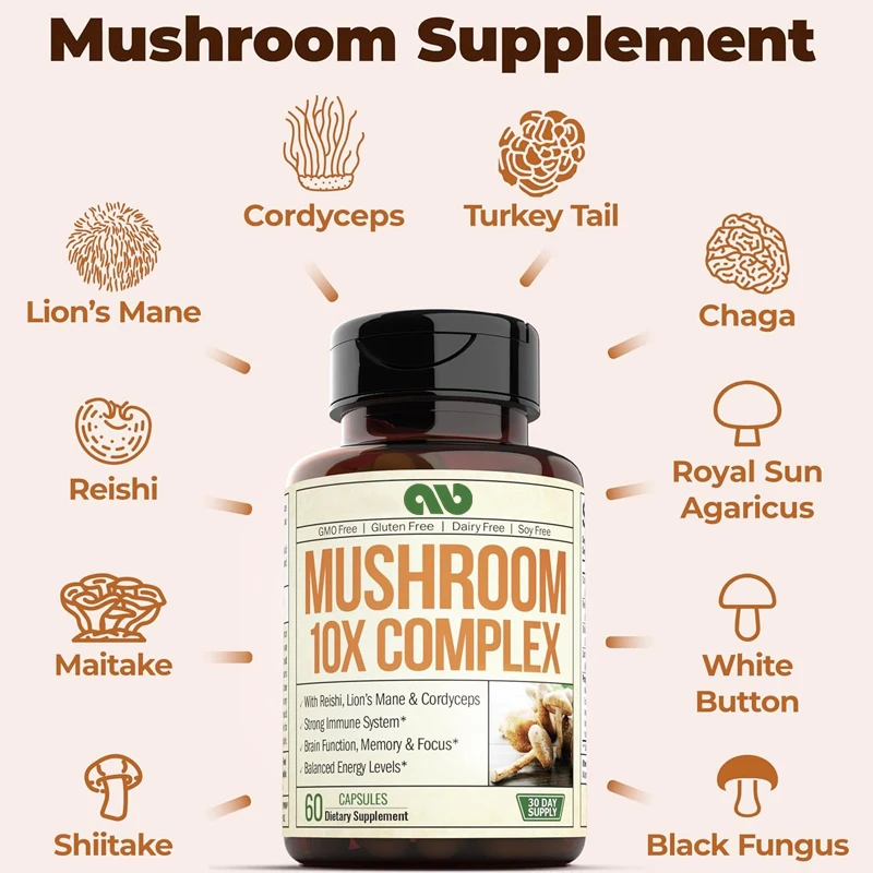 10 in 1 Mushroom Powder Supplement - Lion Mane Powder, Lingzhi Mushroom, Cordyceps sinensis, Chaga, etc. 60 capsules