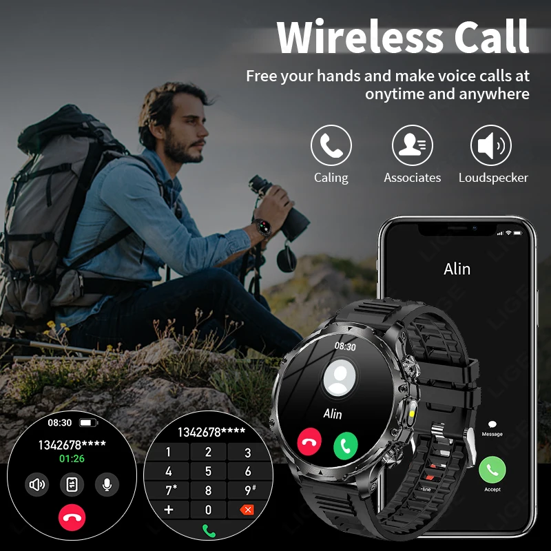 LIGE New 700mah Large Battery Outdoor Smart Watch Men Flashlight Military Watches 1.90'' HD Bluetooth Call Sports Smartwatch Man