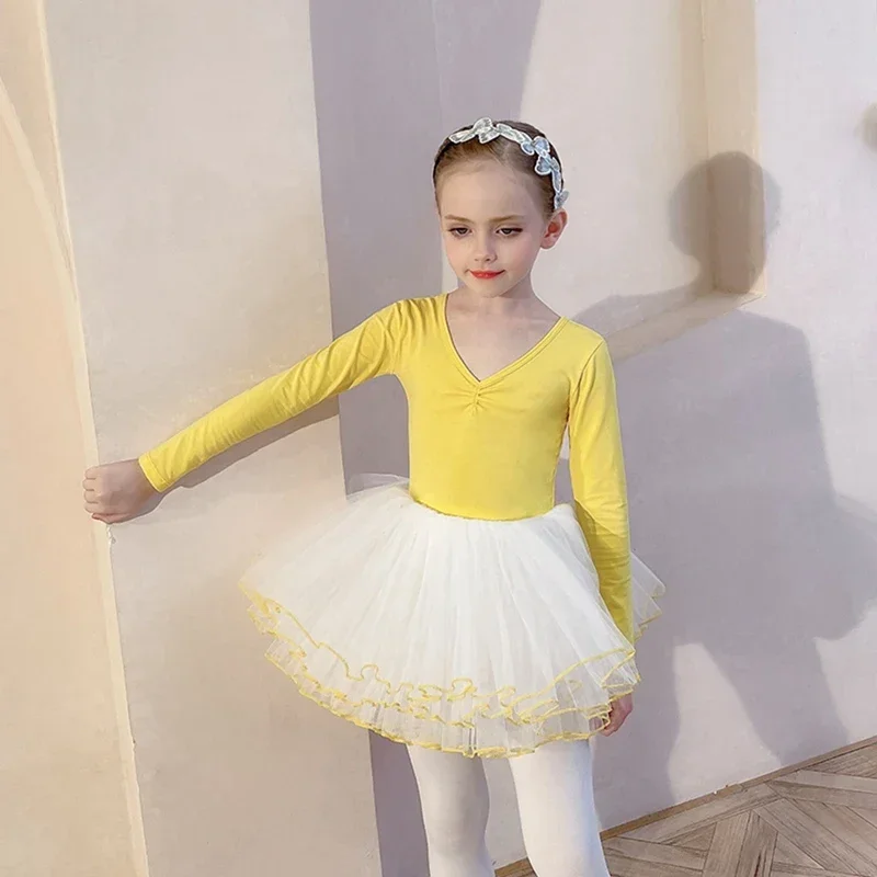 

2Pcs Girls' Ballet Dance Suit Solid Long Sleeve V Neck Backless Bow Leotard With Fluffy Tutu Skirt Princess Gymnastics Apparel