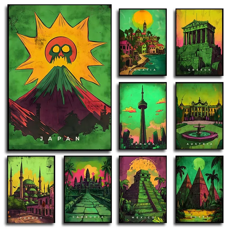 Póster de viaje con paisaje de neón abstracto, Japón, México, China, Grecia, España, Canadá, Australia, pintura en lienzo divertida de dibujos animados, decoración del hogar