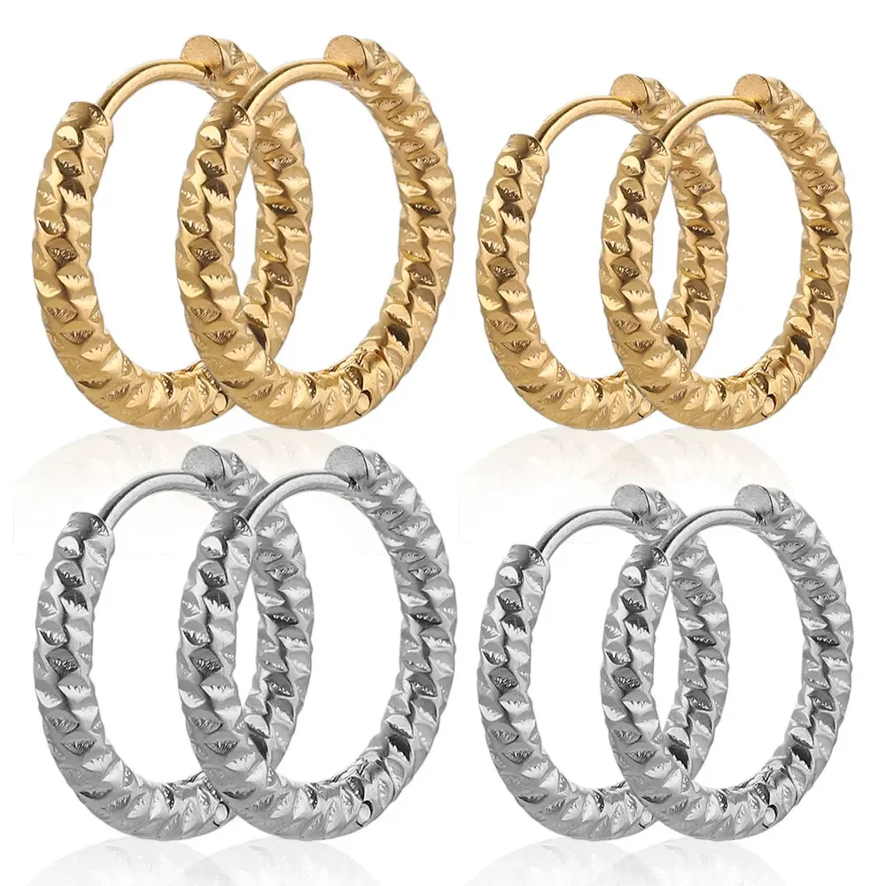 6pcs Lot Stainless Steel Round Embossing Ear Rings Gold Plated Korean Earrings Hoops Earring for Women Female  Metal Luxury