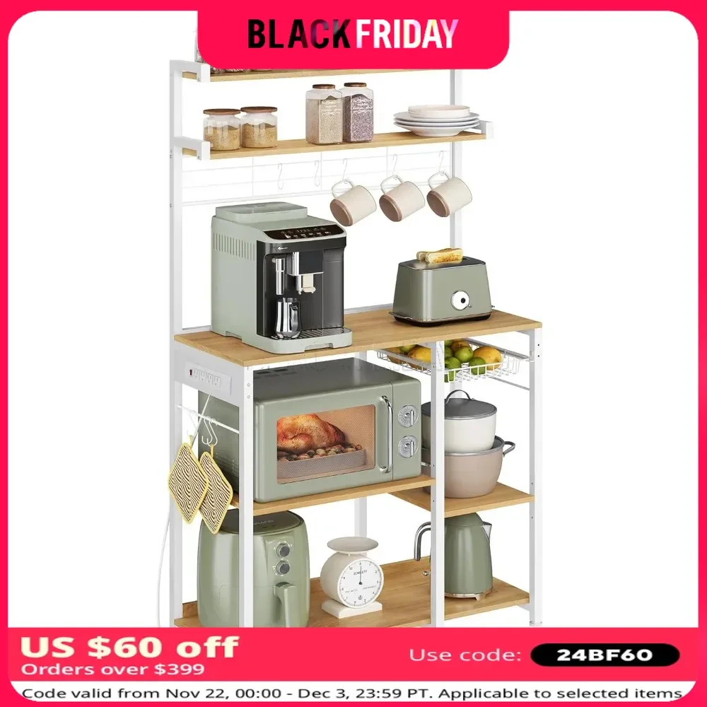 Kitchen Bakers Rack with Power Outlet, Microwave Stand, Coffee Bar, 4 AC Outlets, Adjustable Shelves, 8 S-Hooks, Kitchen Cabinet