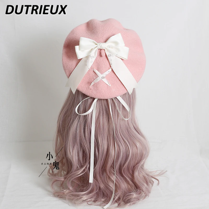 

Japanese Style Soft Girl Autumn and Winter JK Beret Wool Cap Sweet Cute Lace Bow Cute Lolita Girl Beret Hats for Women Caps