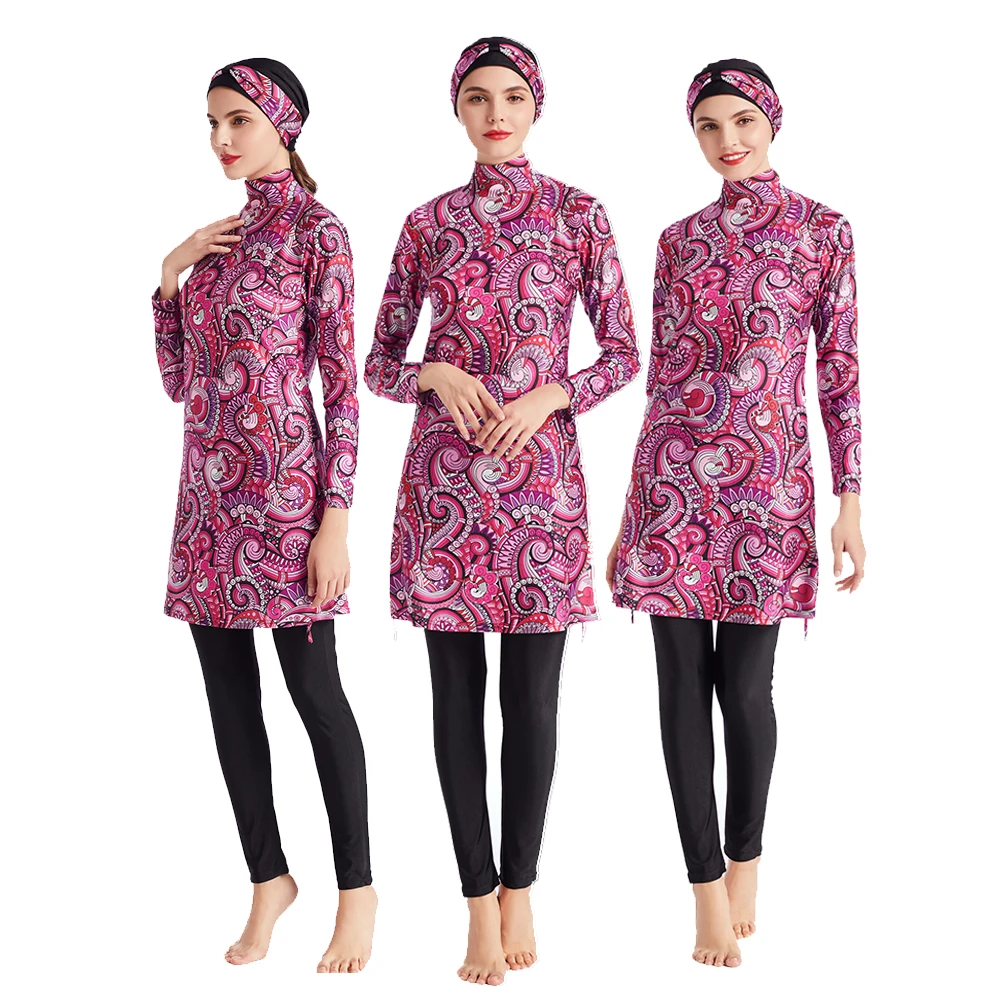 Burkini Muslim Women's Swimsuit, Plus-sized Swimwear, Vintage Luxury Floral Printed, Plus Size, S-3XL, 3Pcs, M113