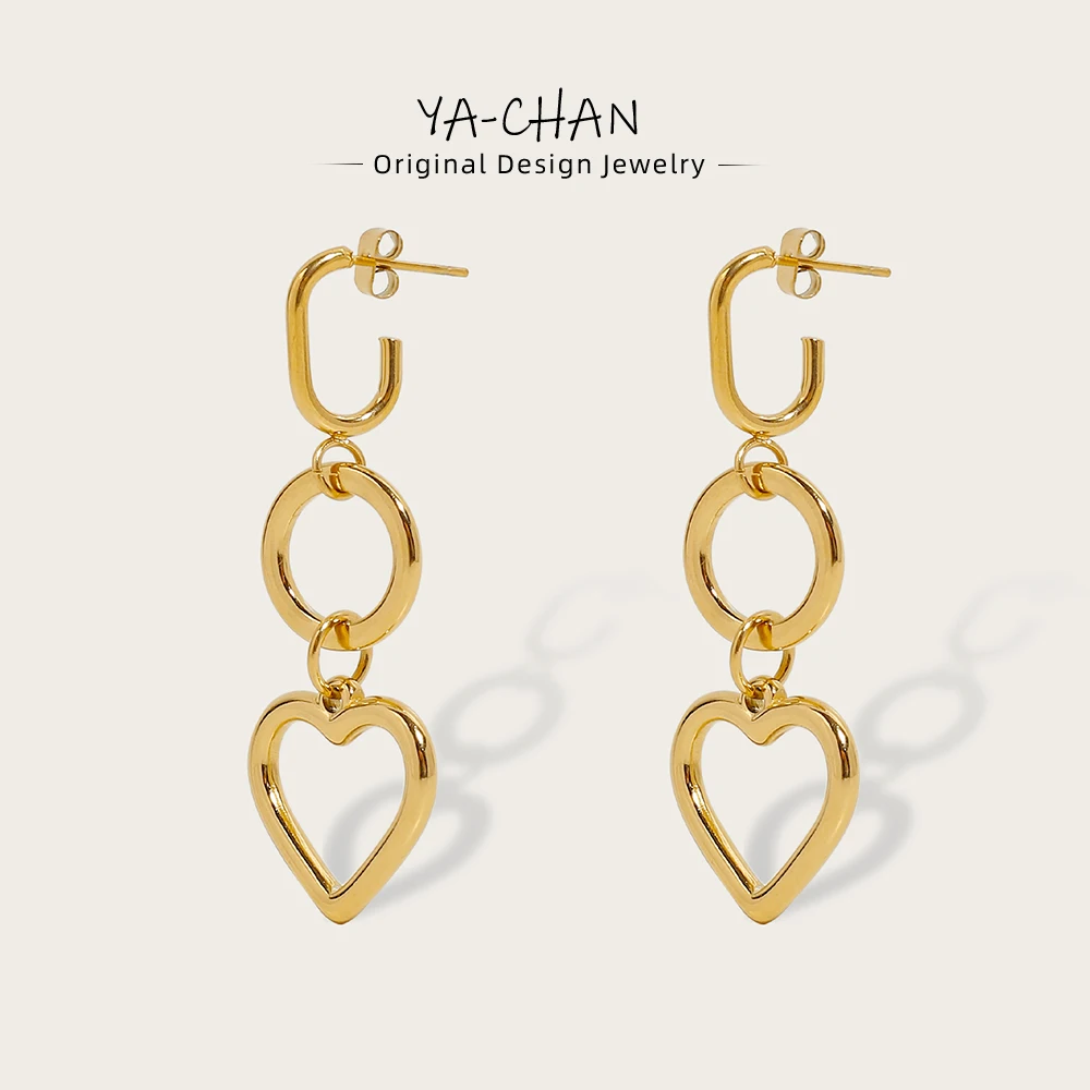

YACHAN 18K Gold Plated Stainless Steel Heart Dangle Earrings For Women Round Classic Metal Drop Earring Trendy Jewelry Gift