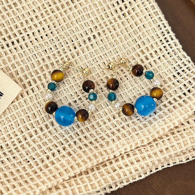 Vintage Tiger Eye Stone Beaded Earrings For Women Ethnic Style Contrasting Color Geometric Round Ear Buckle Women Jewelry