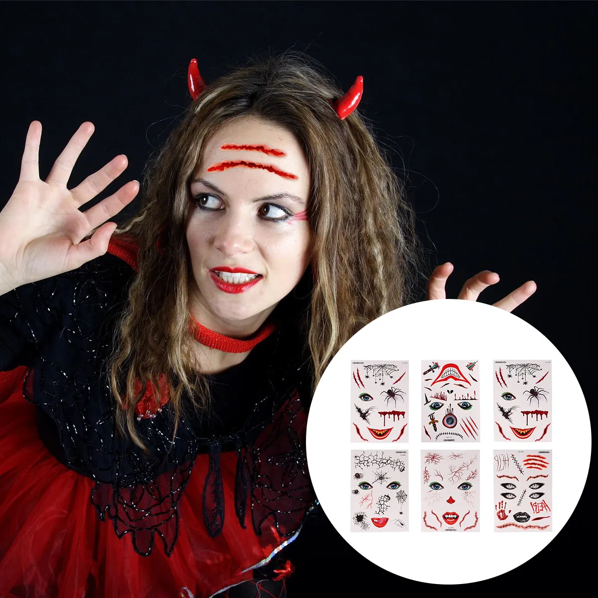 

6pcs Halloween Face Stickers Body Tattoos for Adults Fake Scary Decorations Safe Skin Friendly Temporary Tattoos