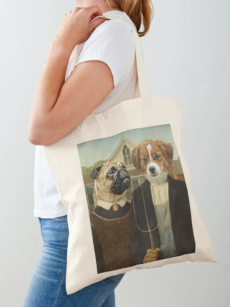 

American Gothic Pug Dog Funny Illustration Painting Tote Bag woman shopping bag Cloth bags canvas bags Lady bags