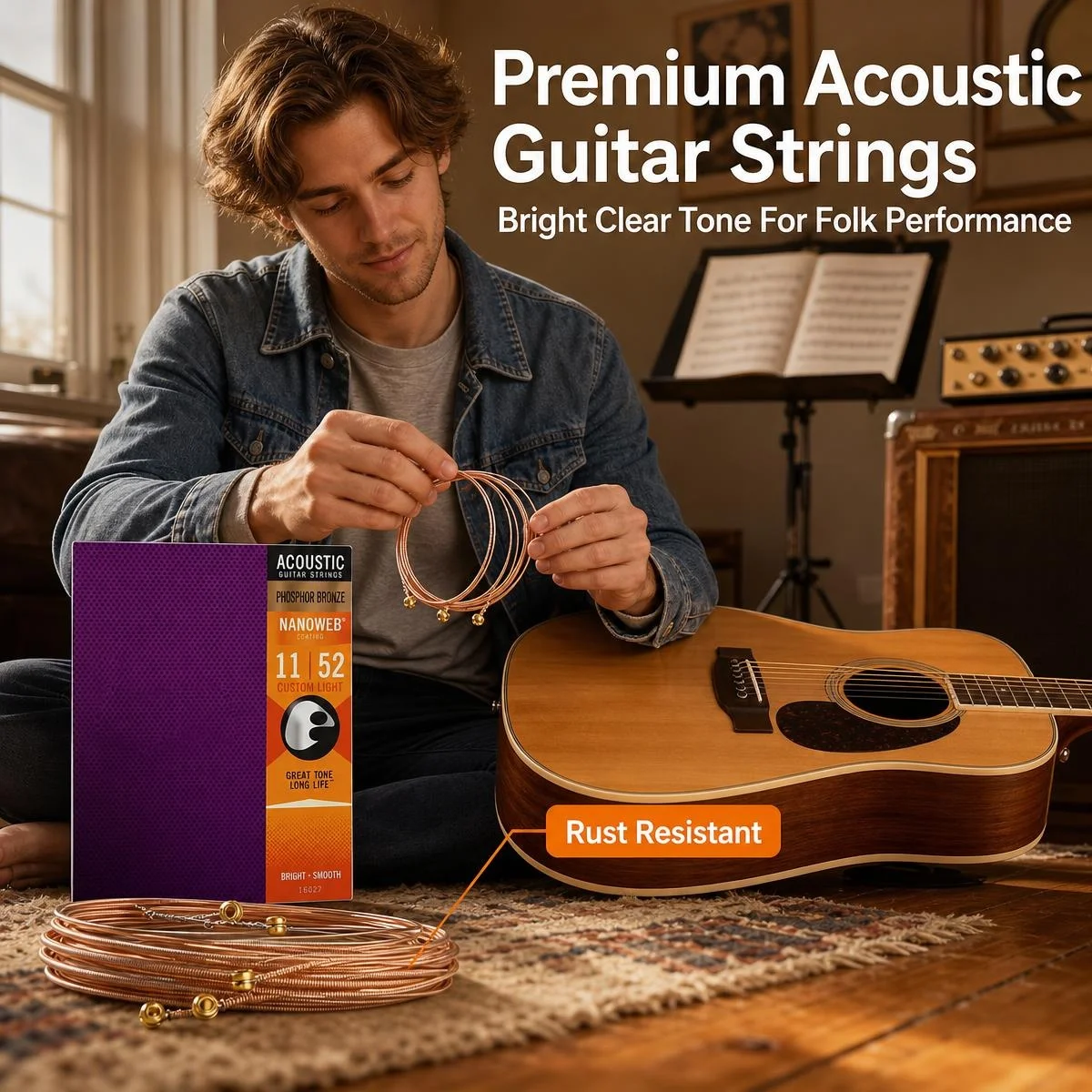 1pc Coated Acoustic Guitar Strings Phosphor Bronze & Brass Full Set Anti-rust Folk Guitar Replacement Strings image 2