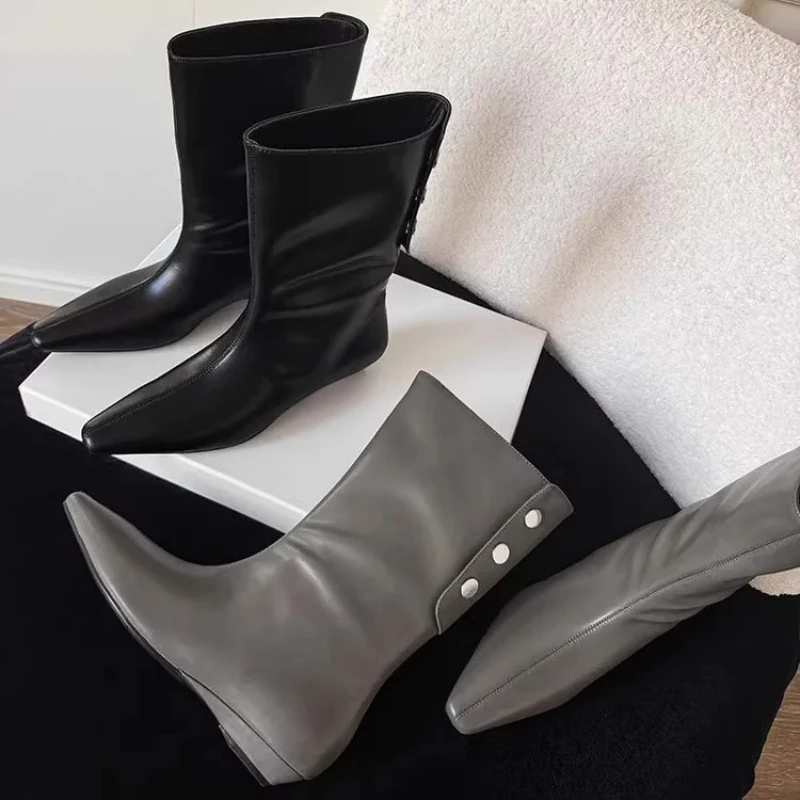 

Cowhide Autumn-winter New Style Square Head Wedge Heel Sleeve in The Boot Fashion Short Boots for Women