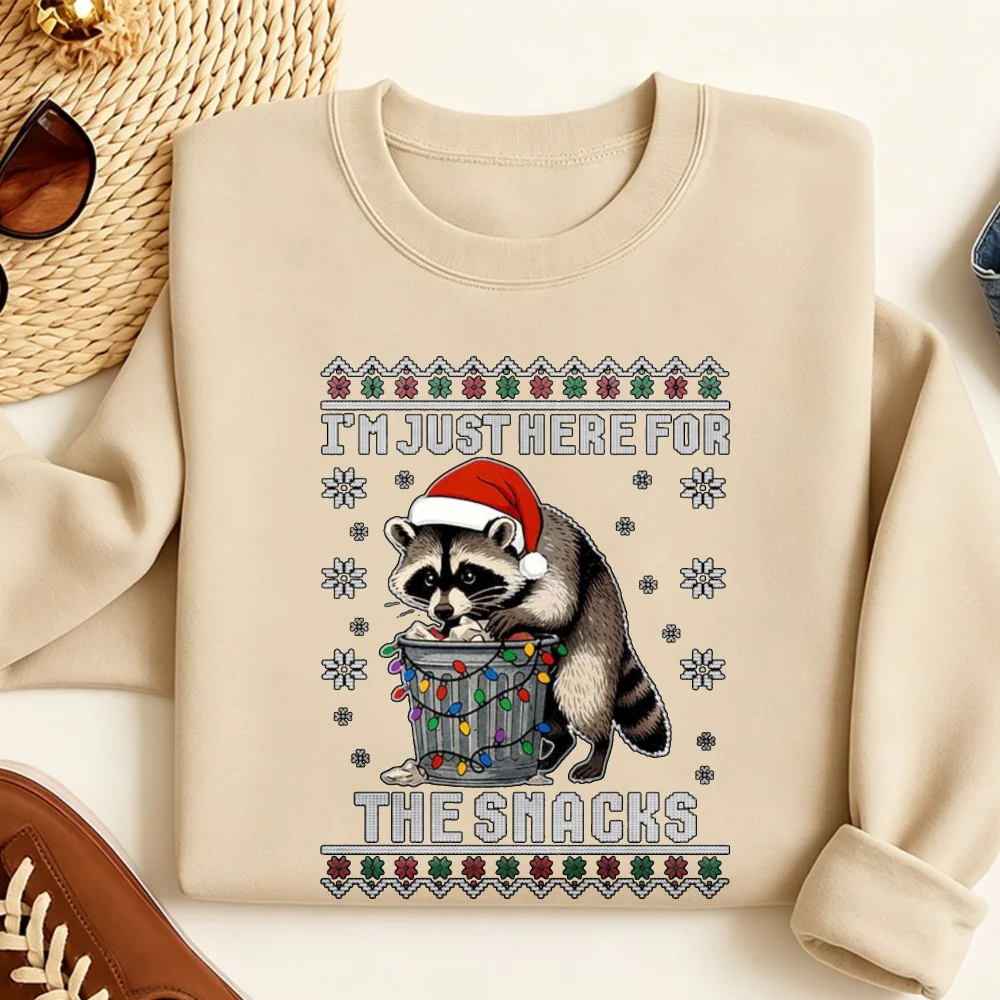 Funny Raccoon Christmas Pullover Snack Lovers Ugly Holiday Printed Sweater Trash Panda Christmas Jumper Xmas Raccoon Lovers Gift