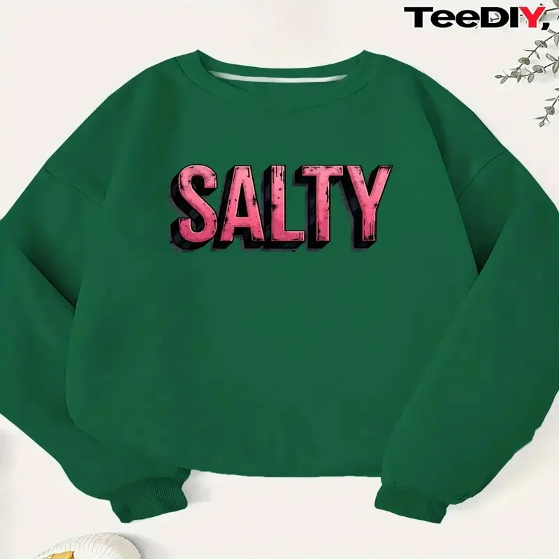 Fall Winter Female Women Plus Size Sweatshirt Clothes SALTY Text in Pink Soft Cotton Fabric New 2025 Elegant Cute Fashionable