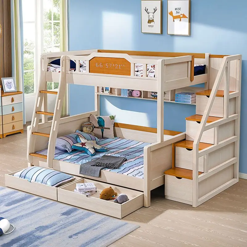 상하층 침대 어린이 침대 높낮이 조절 침대, 원목 소형 아파트 다기능 어린이 및 엄마 침대