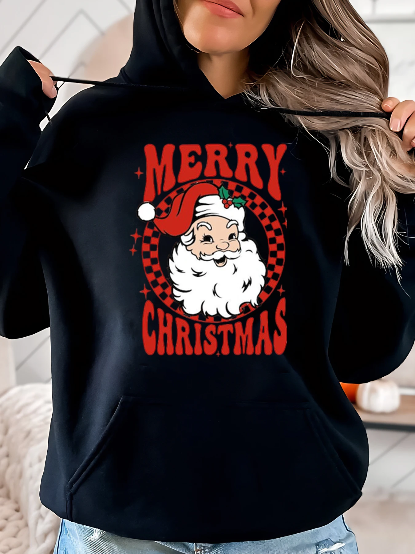 

Толстовка с принтом Санта-Клауса с Рождеством, праздничная женская повседневная одежда, черная, больших размеров