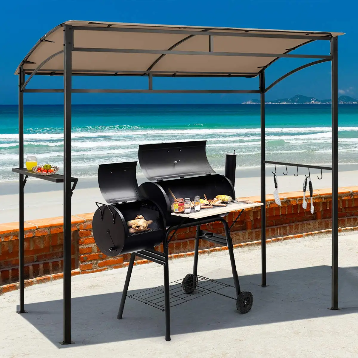 7ft Grill Gazebo, Patio BBQ Canopy w/Shelf & Hooks, Curved Shelter w/Steel Frame Sunshade for Outdoor Garden, Custom