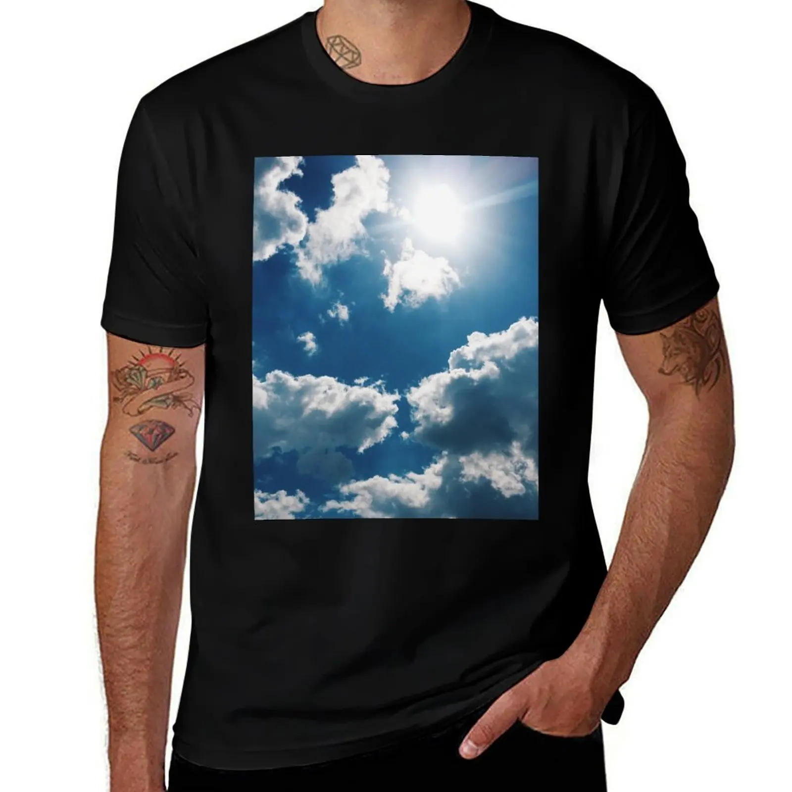 

Blue sky with clouds and sunshine T-Shirt t shirt man designer t shirts for man graphic tees T-Shirt