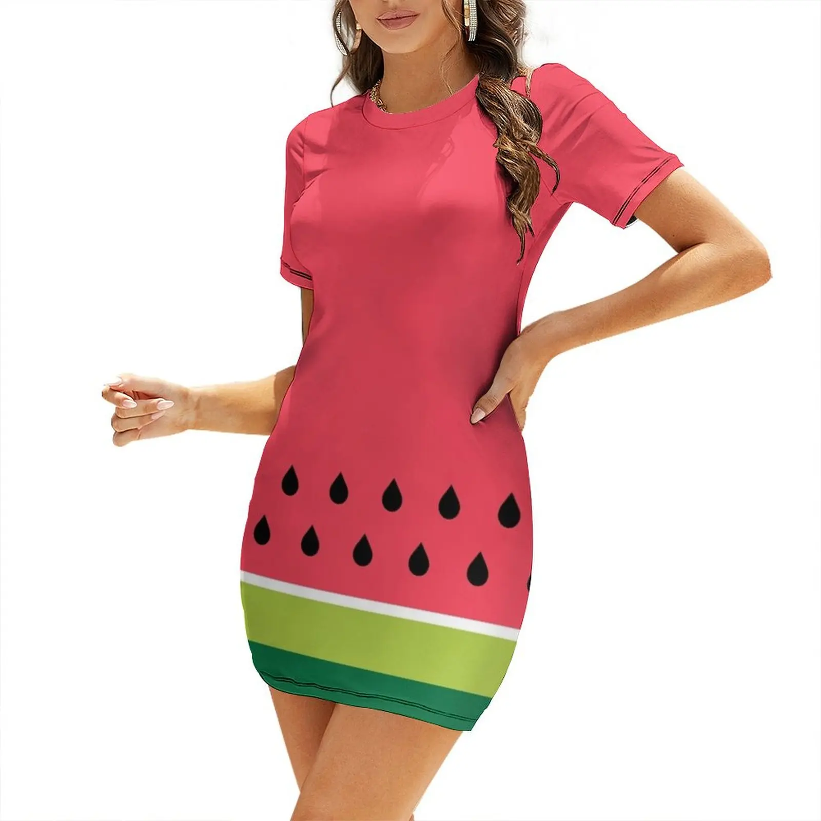 

Coral Pink Green Summer Watermelon Fruit Stripes Short Sleeved Dress prom dresses 2025 dresses for women 2025 Dress