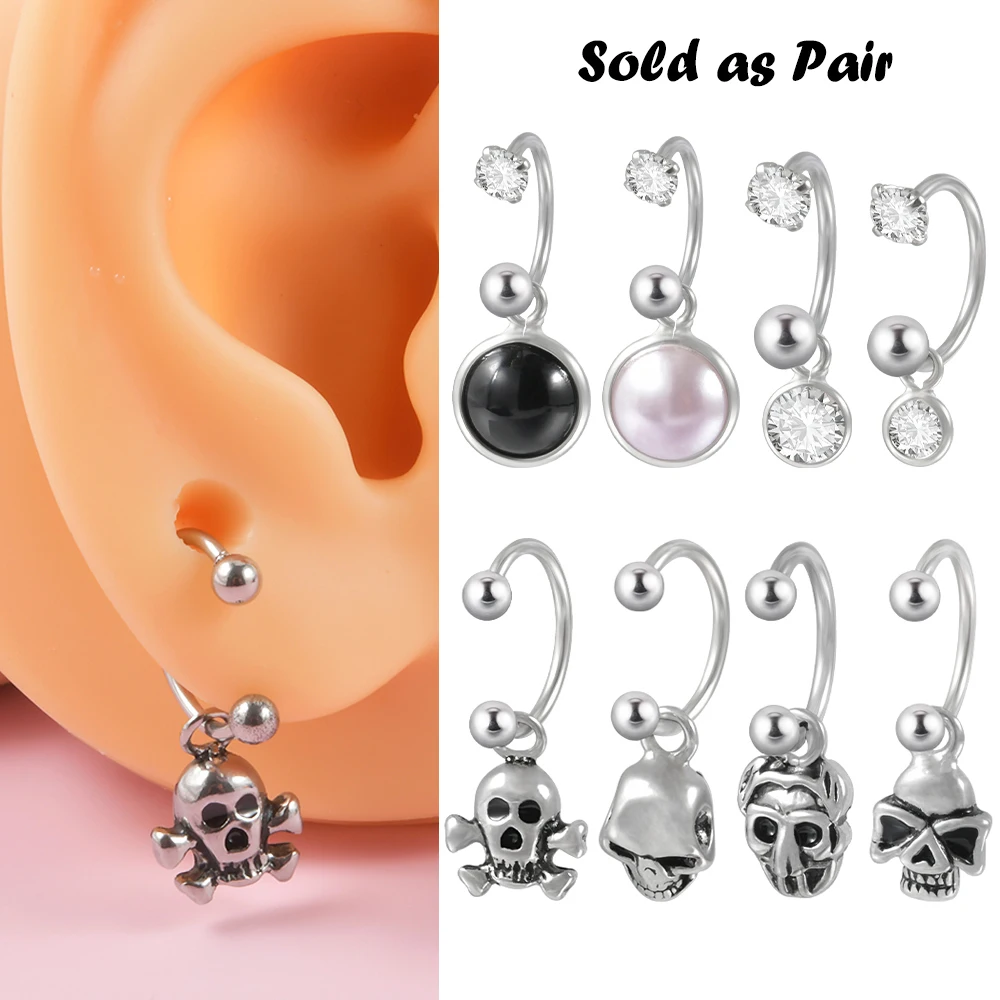 1Pair Surgical Steel Horseshoe Barbell Earring Dangle Pendant Skull Cool Punk Unisex Pearl Ear Lobe Body Piercing Jewelry