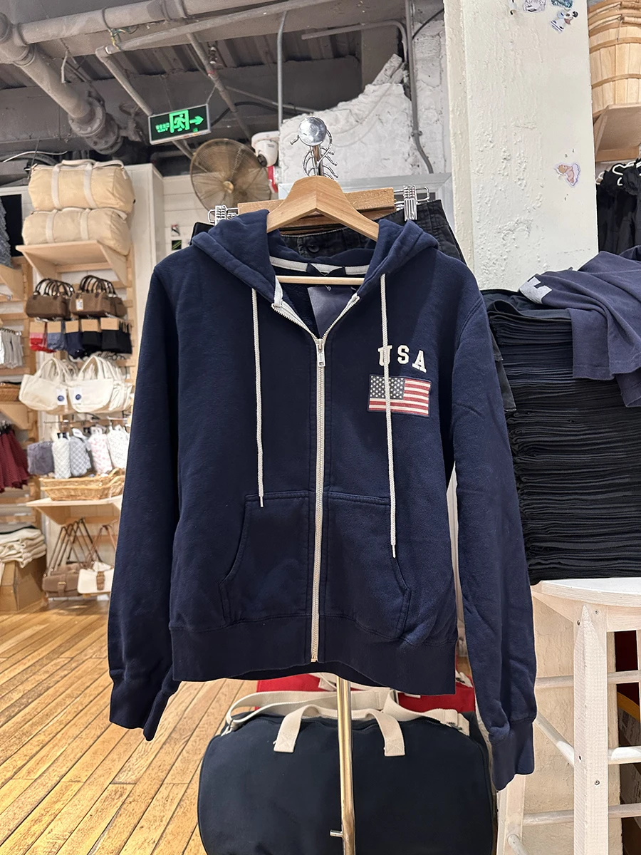 Felpa con cappuccio da donna con zip ricamata con lettera bandiera autunno nuovo cotone manica lunga tasca allentata felpa con cappuccio americana vintage blu scuro